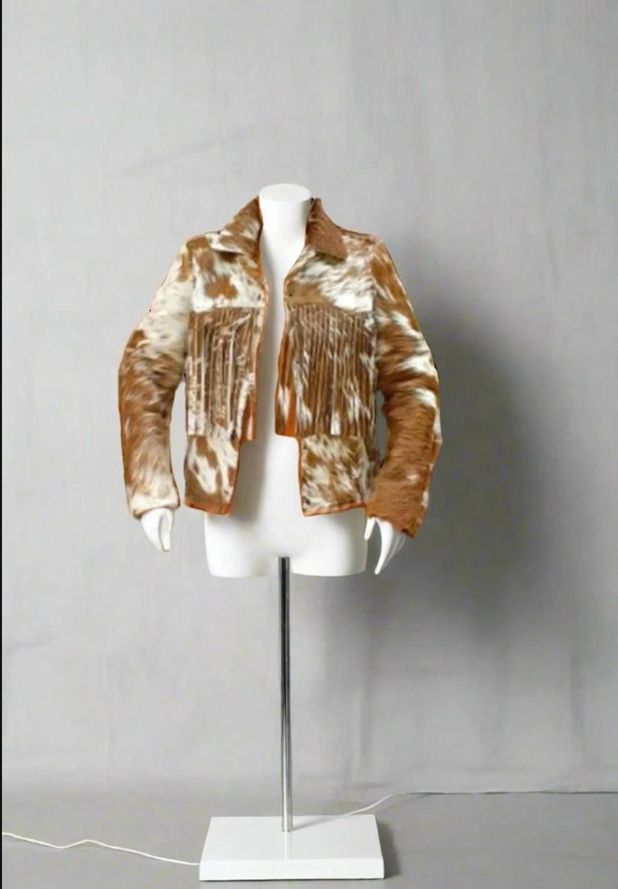 Women Cowhide Fringe Fur Jacket Brown and White Cow Skin Coat