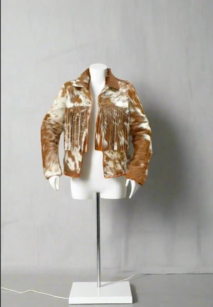 Women Cowhide Fringe Fur Jacket Brown and White Cow Skin Coat