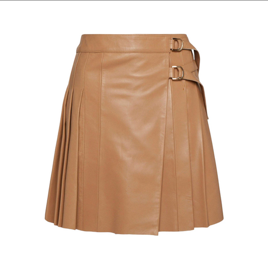 genuine leather brown plaid skirt