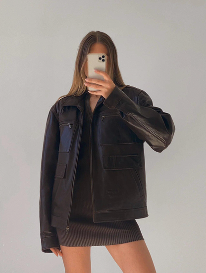 Genuine Chocolate Brown Leather Oversized jacket