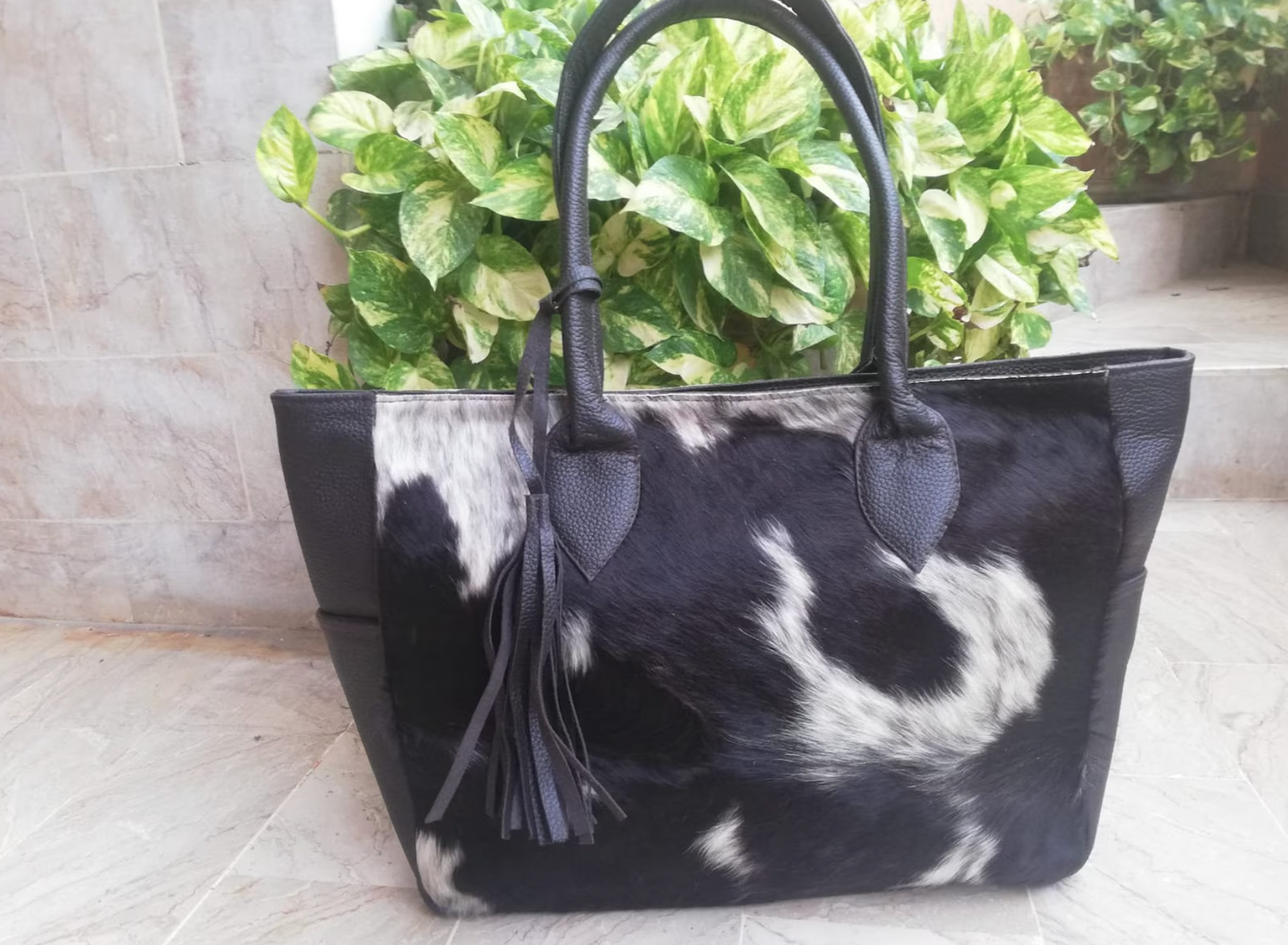 black white cowhide tote shoulder handbag