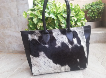 black white cowhide tote shoulder handbag
