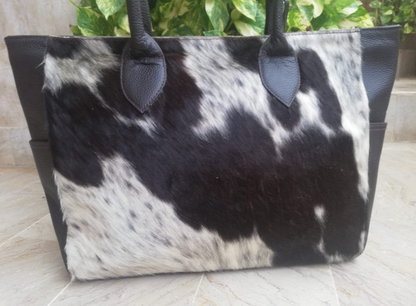 black white cowhide tote shoulder handbag