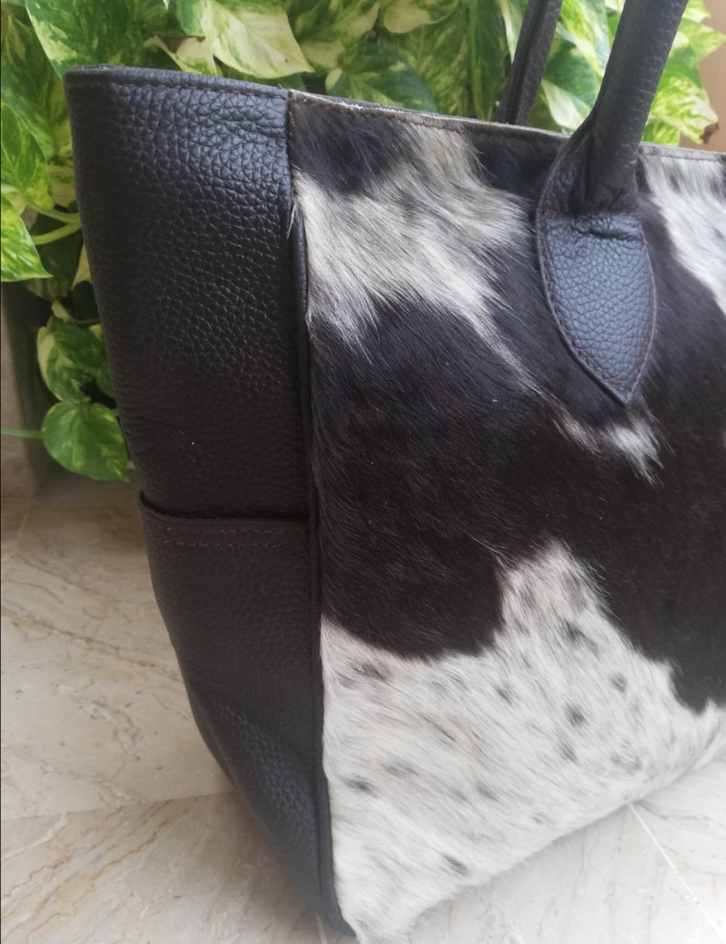 black white cowhide tote shoulder handbag