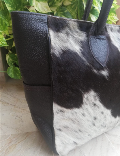 black white cowhide tote shoulder handbag