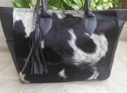black white cowhide tote shoulder handbag