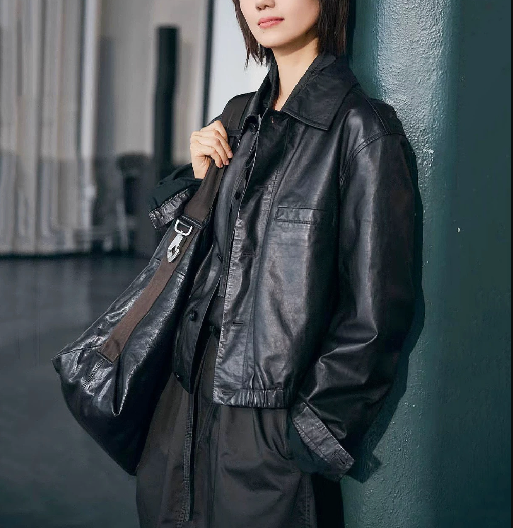 Leather short jacket women sheepskin coat