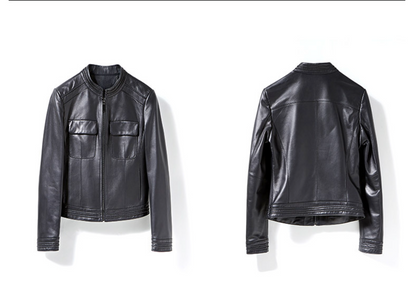 Black slim fit genuine leather jacket women