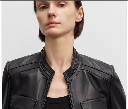 Black slim fit leather jacket women