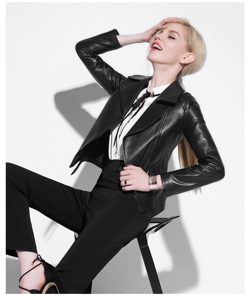 Black slim fit genuine leather jacket women