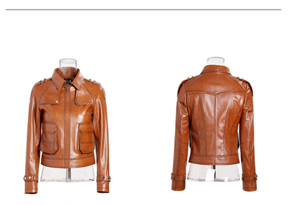 Genuine brown leather slim fit biker jacket