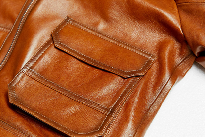 Genuine brown leather slim fit biker jacket