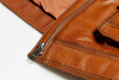 Genuine brown leather slim fit biker jacket