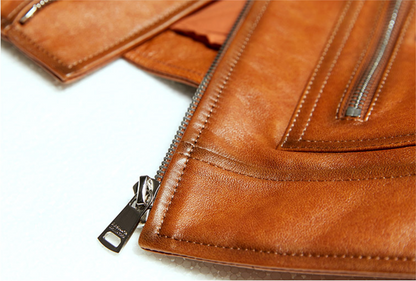 Women slim fit brown leather biker jacket