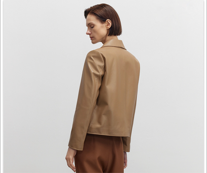 Womens beige brown slim fit cropped leather jacket