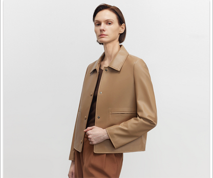 Womens beige brown slim fit cropped leather jacket