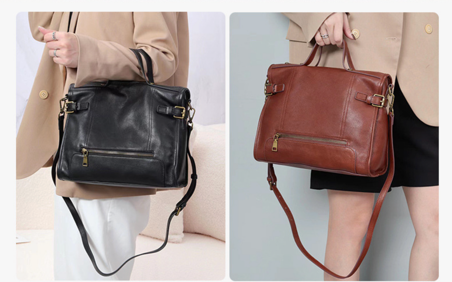 Women leather crossbody satchel with structured body and wide opening for easy access storage
