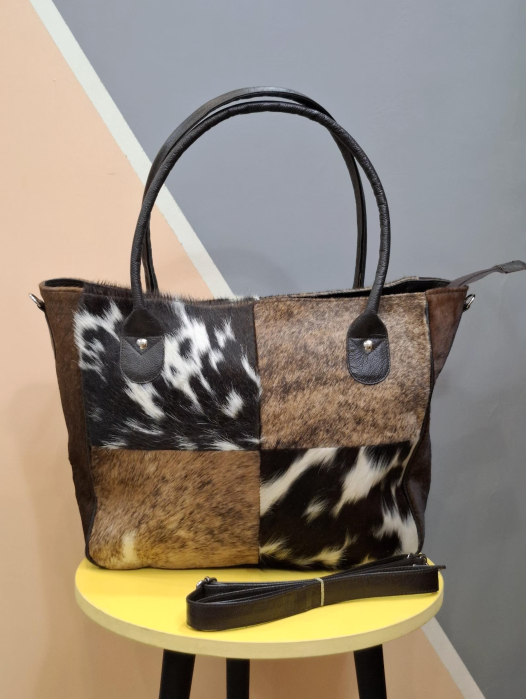 Natural Cowhide patchwork tote bag purse