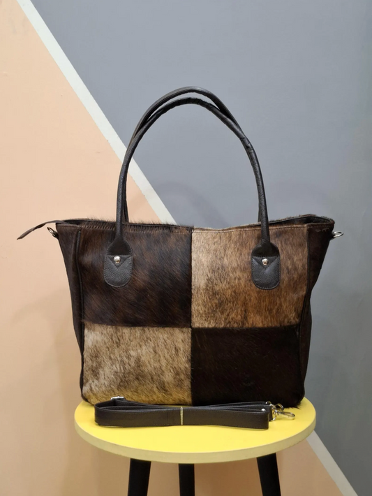 Real Hair On Cowhide Print Tote Bag Patchwork
