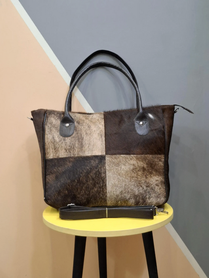 Real Hair On Cowhide Print Tote Bag Patchwork