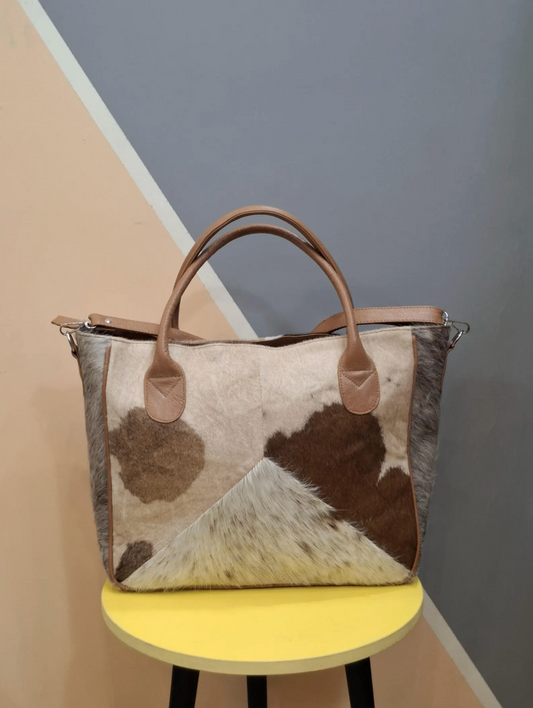cowhide tote bag with real hair on hide