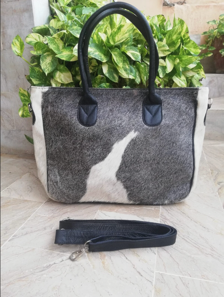 Grey hair-on-hide cowhide tote bag