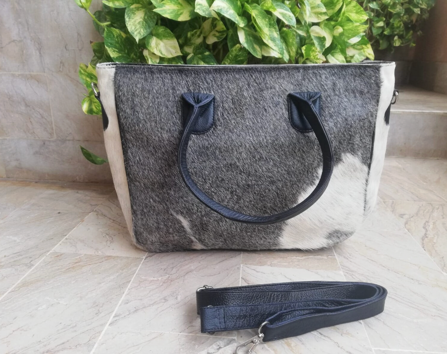 Grey hair-on-hide cowhide tote bag