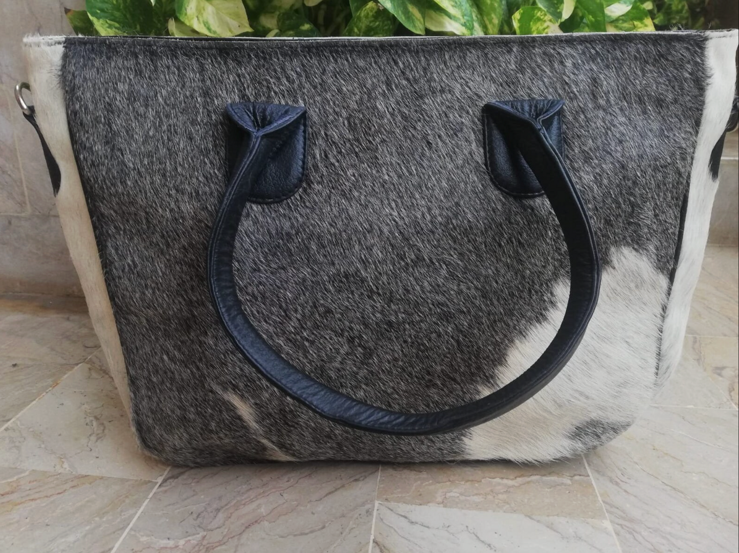 Grey hair-on-hide cowhide tote bag
