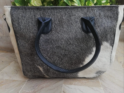 Grey hair-on-hide cowhide tote bag