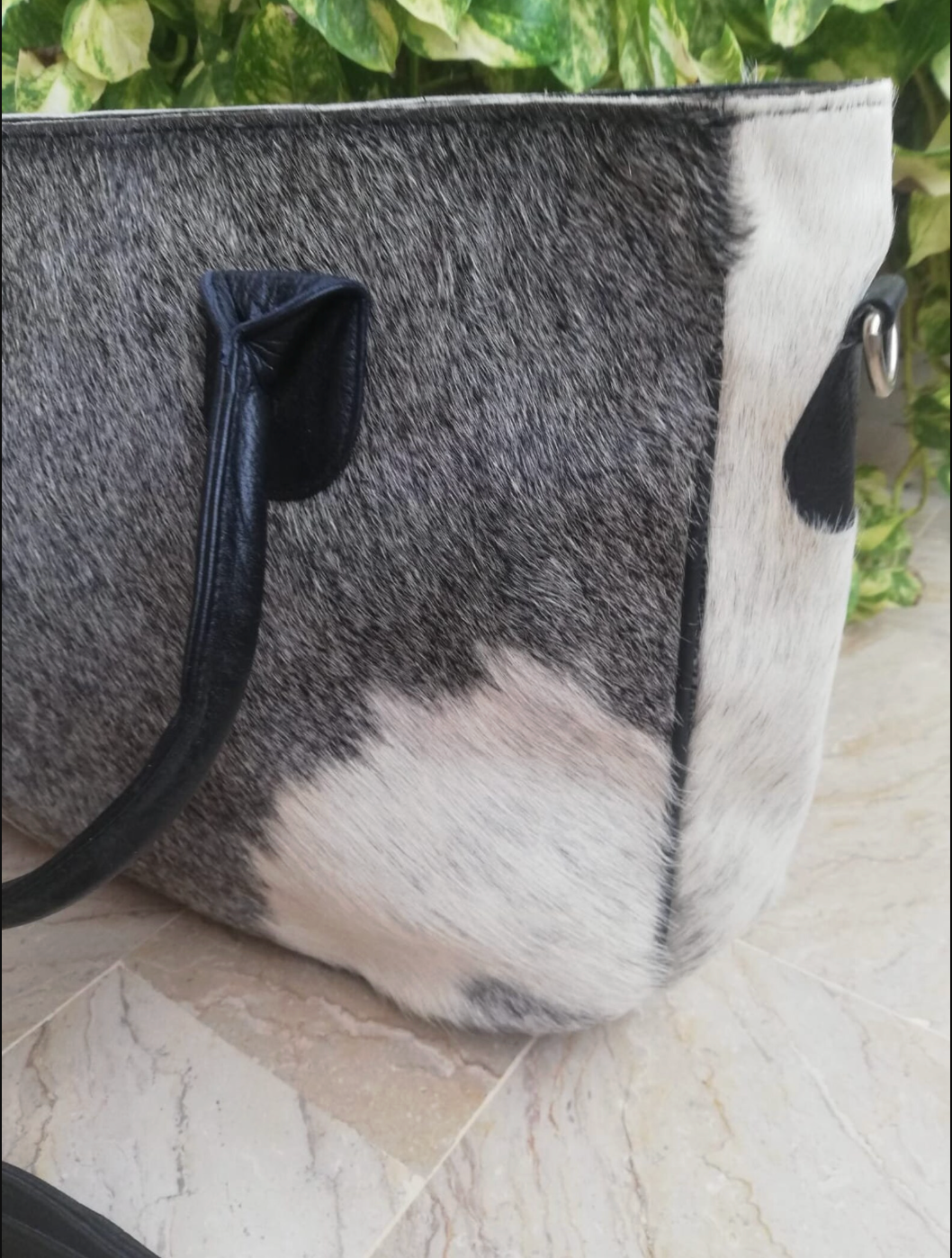 Grey hair-on-hide cowhide tote bag