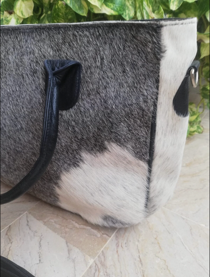 Grey hair-on-hide cowhide tote bag