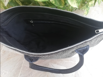 Grey hair-on-hide cowhide tote bag