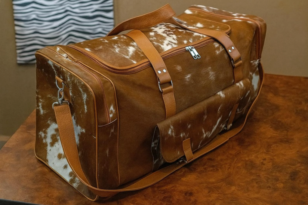 Brown White Speckled Cowhide leather duffle bag