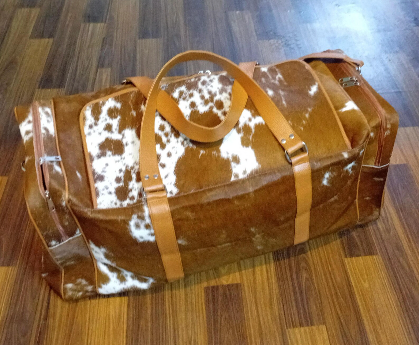 Brown White Speckled Cowhide leather duffle bag