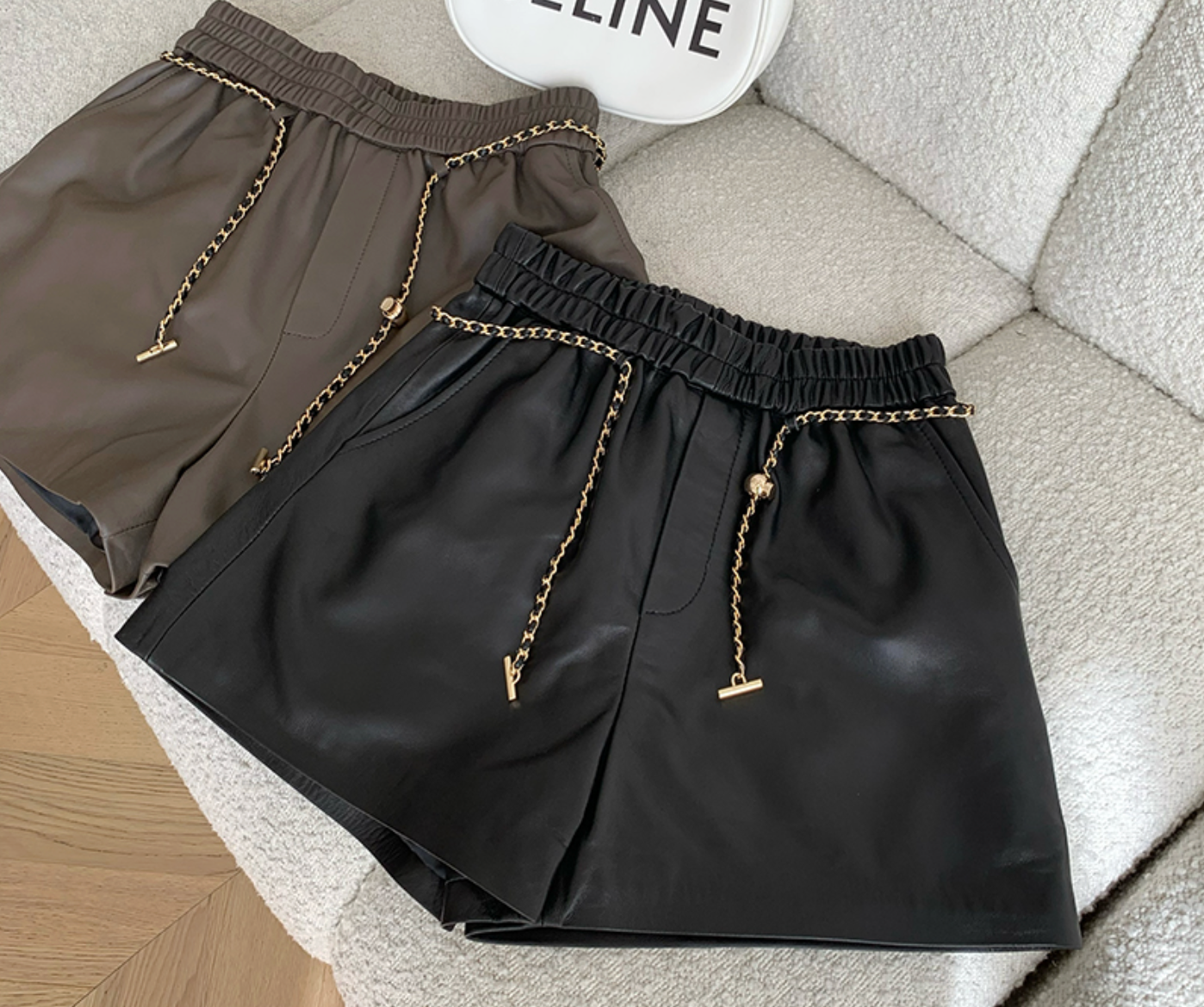 Genuine sheepskin wide leg women leather shorts