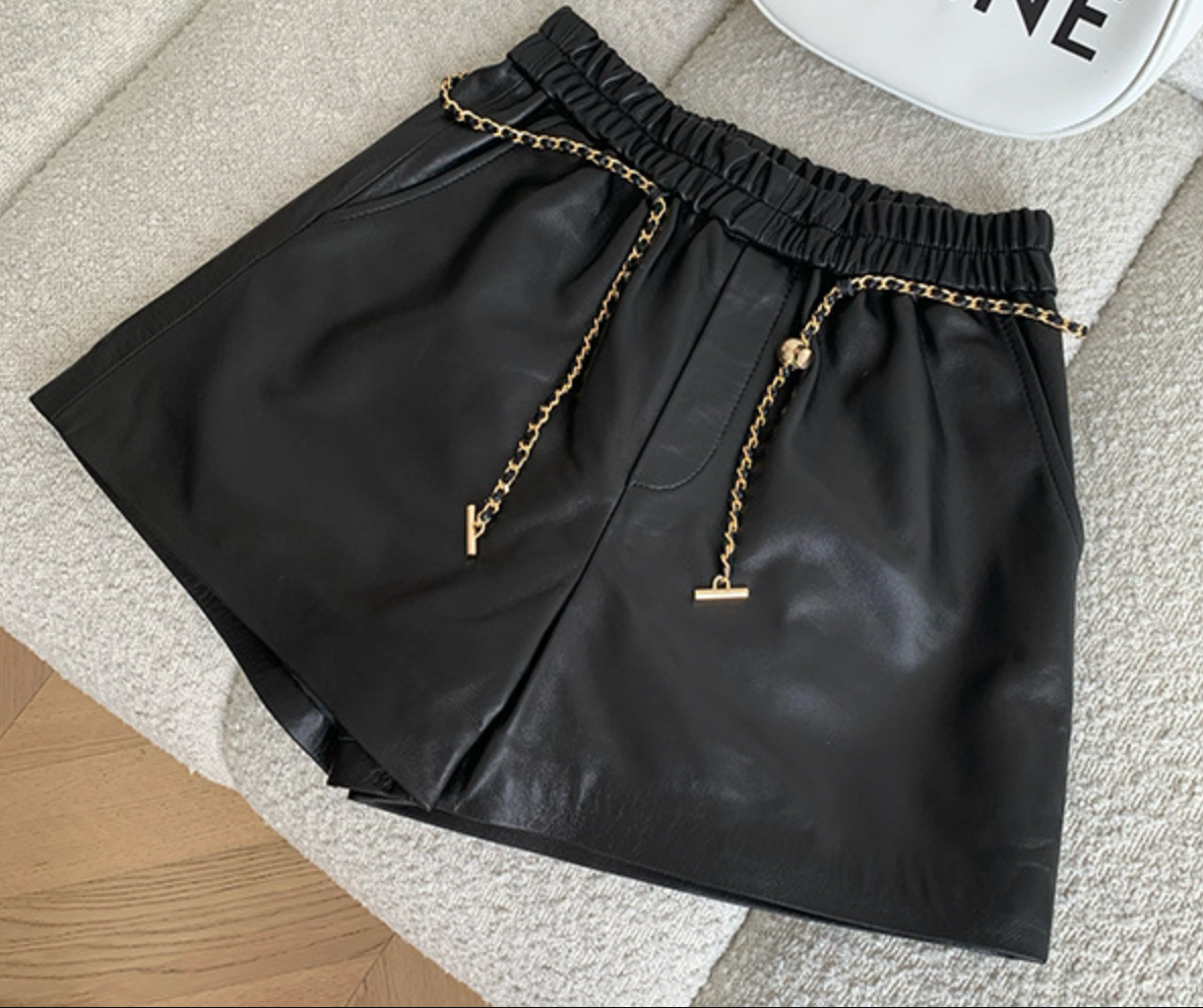 Genuine sheepskin wide leg women leather shorts