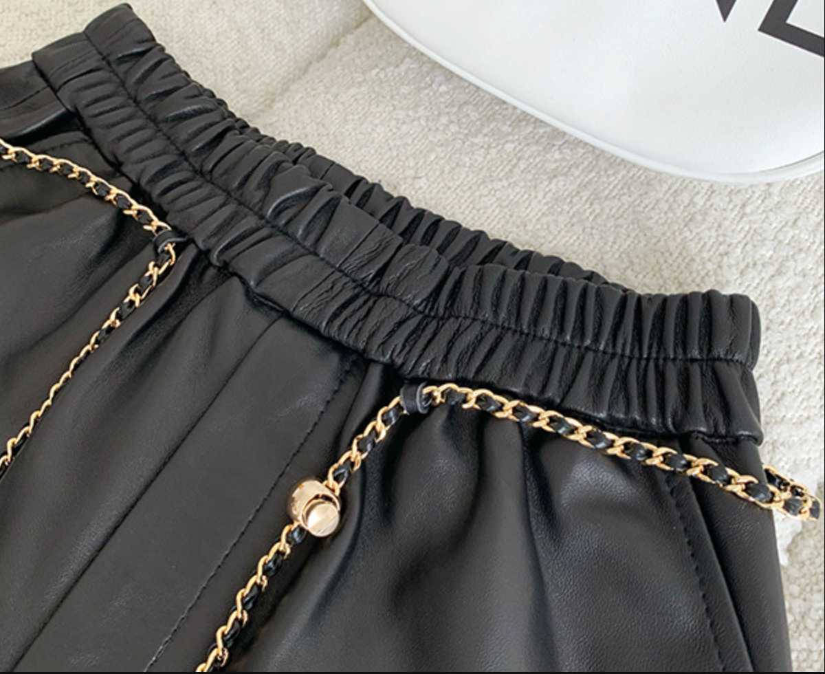 Genuine sheepskin wide leg women leather shorts