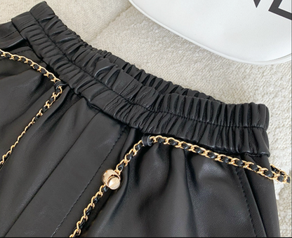 Genuine sheepskin wide leg women leather shorts