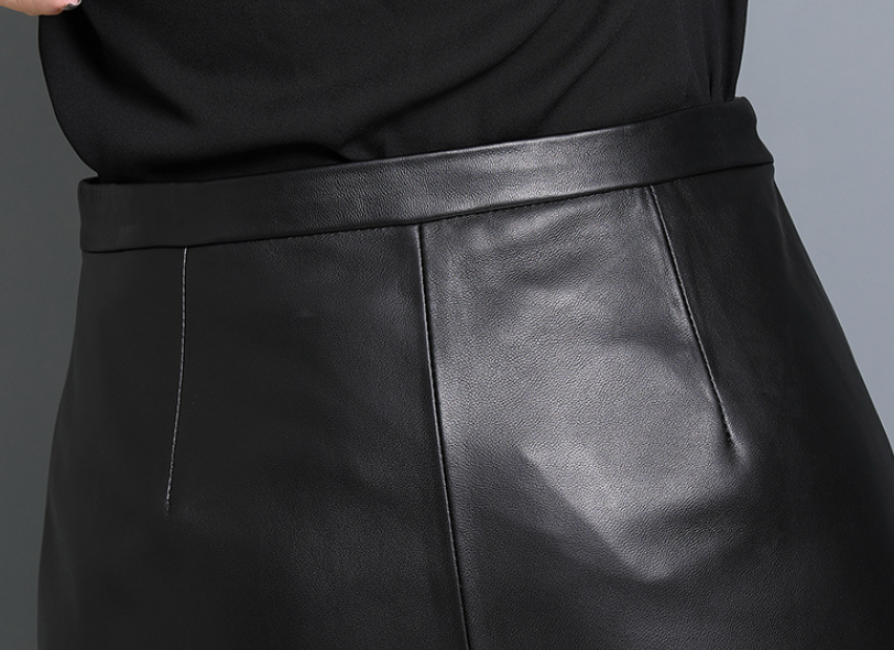 High Waisted Women's Black Sheepskin Leather Midi Skirt with Slit