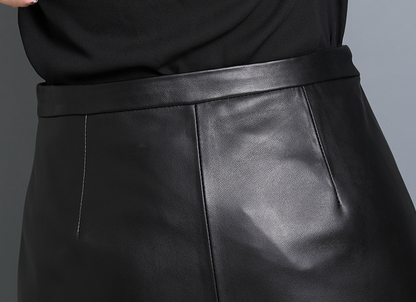 High Waisted Women's Black Sheepskin Leather Midi Skirt with Slit