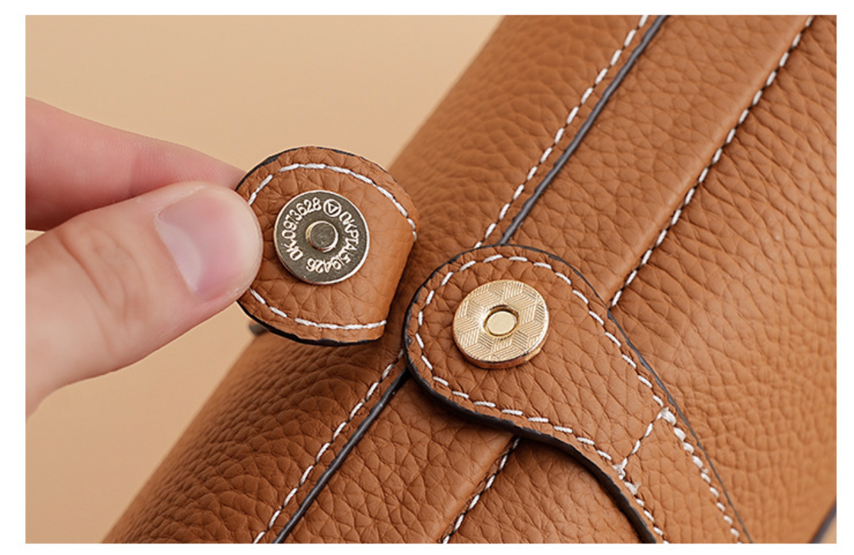Women's Leather Cosmetic Bag with Wide Opening in Brown