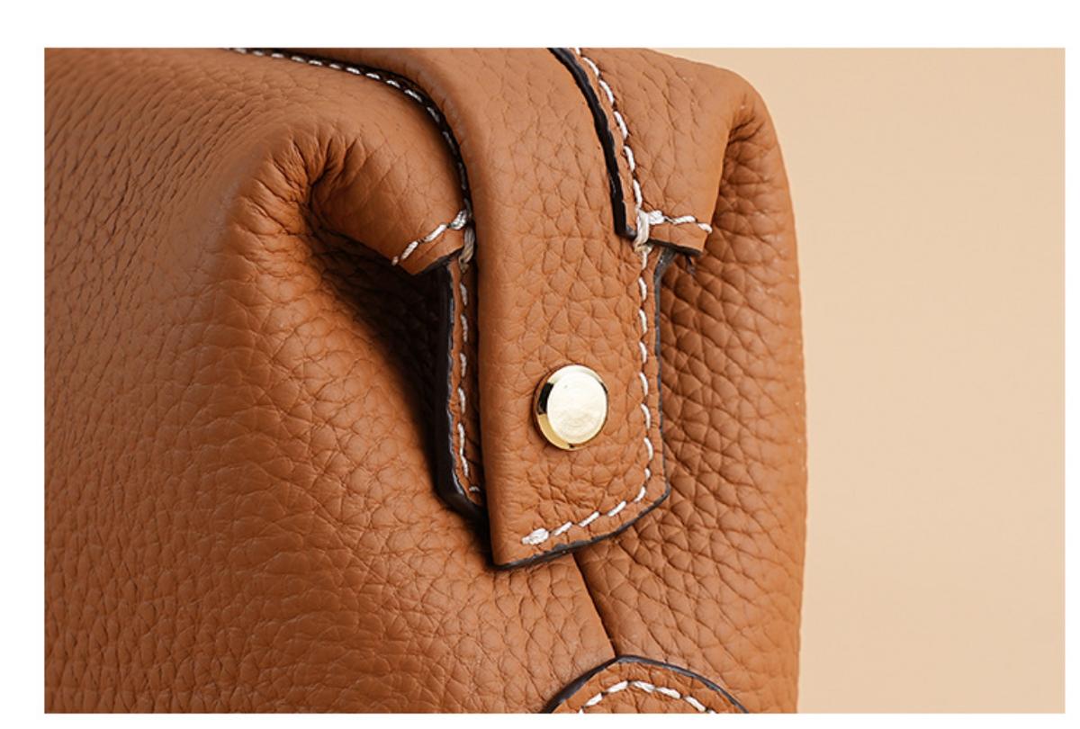 Women's Leather Cosmetic Bag with Wide Opening in Brown