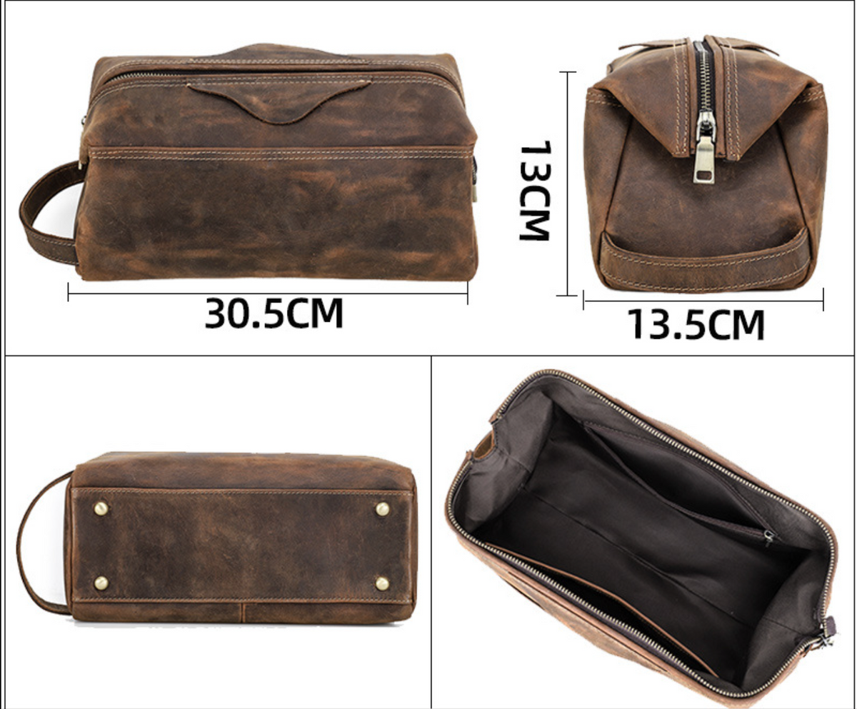 Large Leather Toiletry Bag in Distressed Brown for Travel
