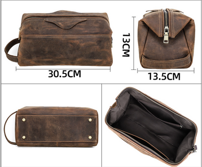 Large Leather Toiletry Bag in Distressed Brown for Travel