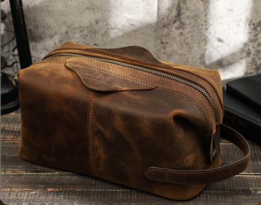 Men's Leather Toiletry Kit in Distressed Brown for Travel