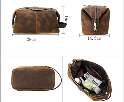 Men's Leather Toiletry Kit in Distressed Brown for Travel
