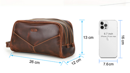 Men's Leather Travel Toiletry Bag with Dual Compartments