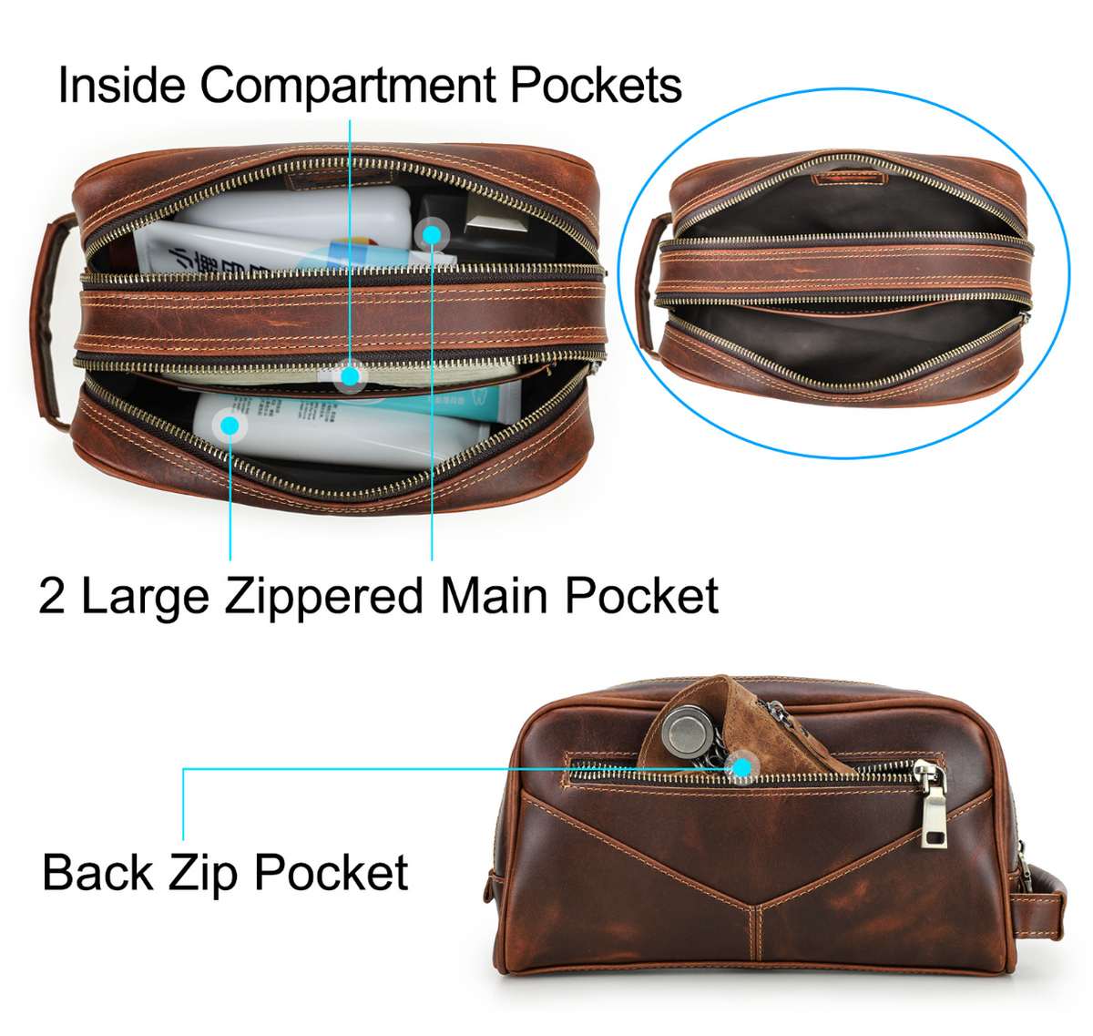 Men's Leather Travel Toiletry Bag with Dual Compartments