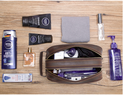 Men's Leather Travel Toiletry Bag with Dual Compartments