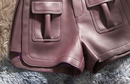 High waist burgundy sheepskin leather shorts